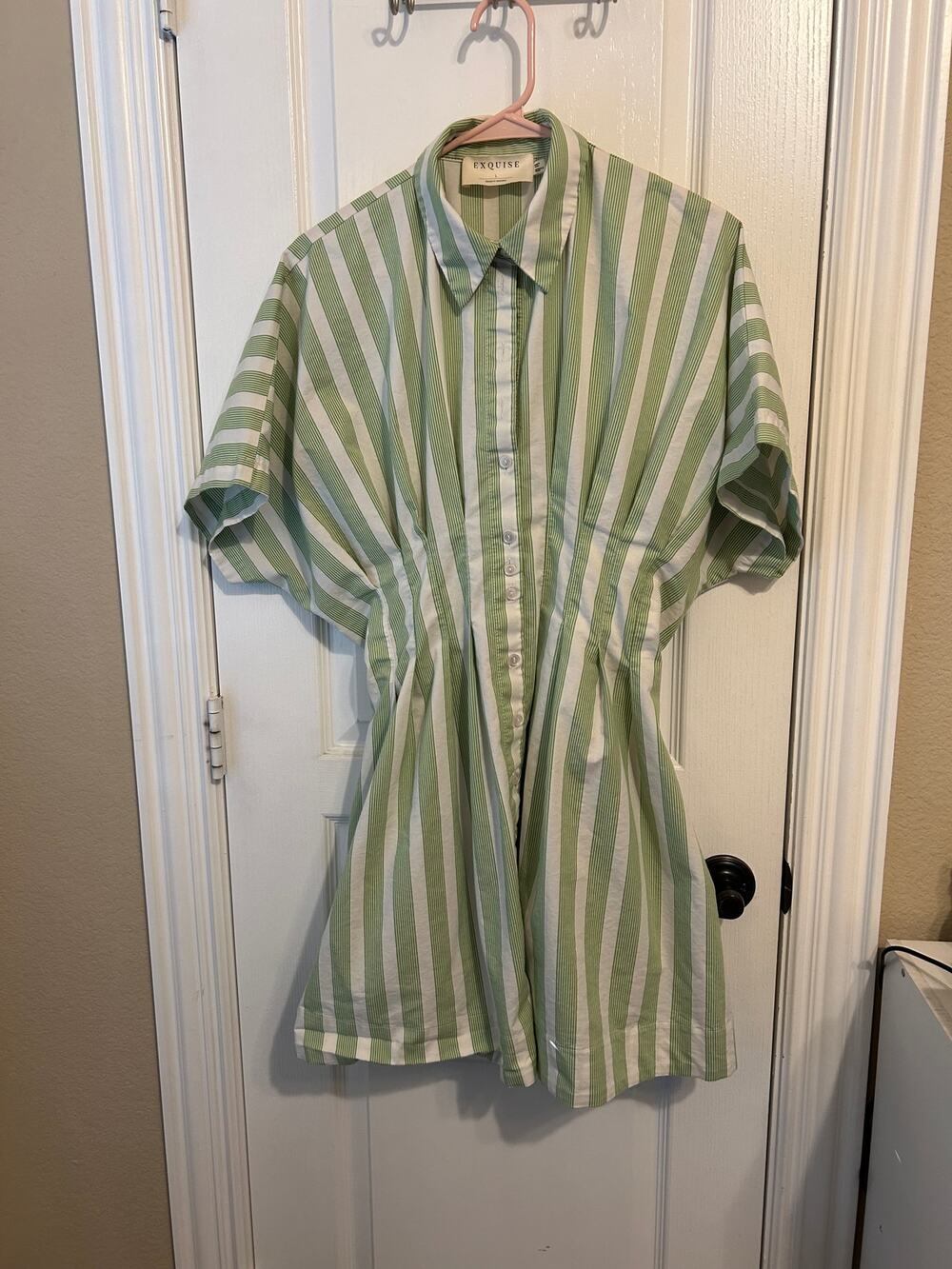 Exquise Green & White Striped Dress Large Tobie Shirt Dress